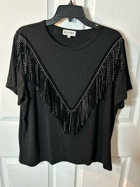 Black Fringe Studded Short-Sleeve Top